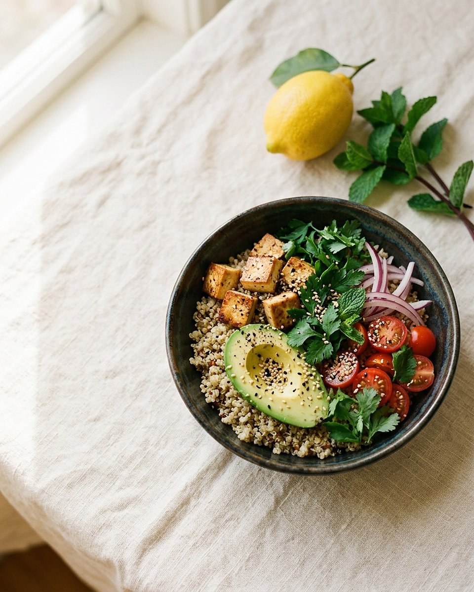 Beispielgericht: Ofengemüse mit Grillkäse, Tomaten und Avocado in einer Schale